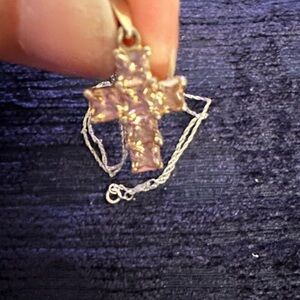 Sterling Silver Choker with Sterling Silver And lightest salmon  stone Cross